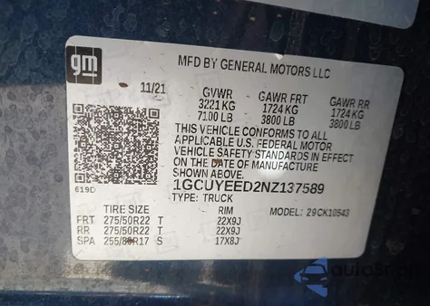 2022 Chevrolet Silverado 1500 Ltd 4Wd Short Bed Rst z USA, uszkodzony, nr VIN 1GCUYEED2NZ137589